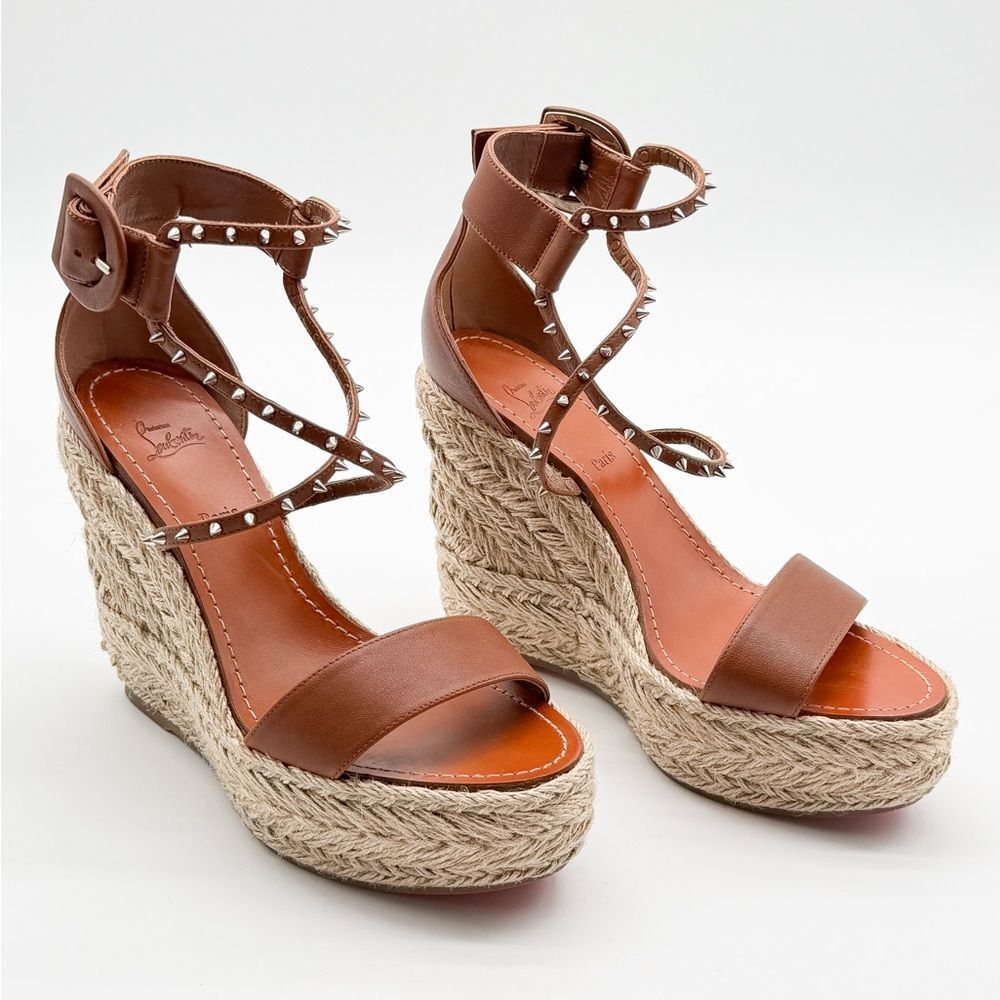 Christian Louboutin Chocazeppa 120 Studded Brown Leather Espadrille Wedge EU 38